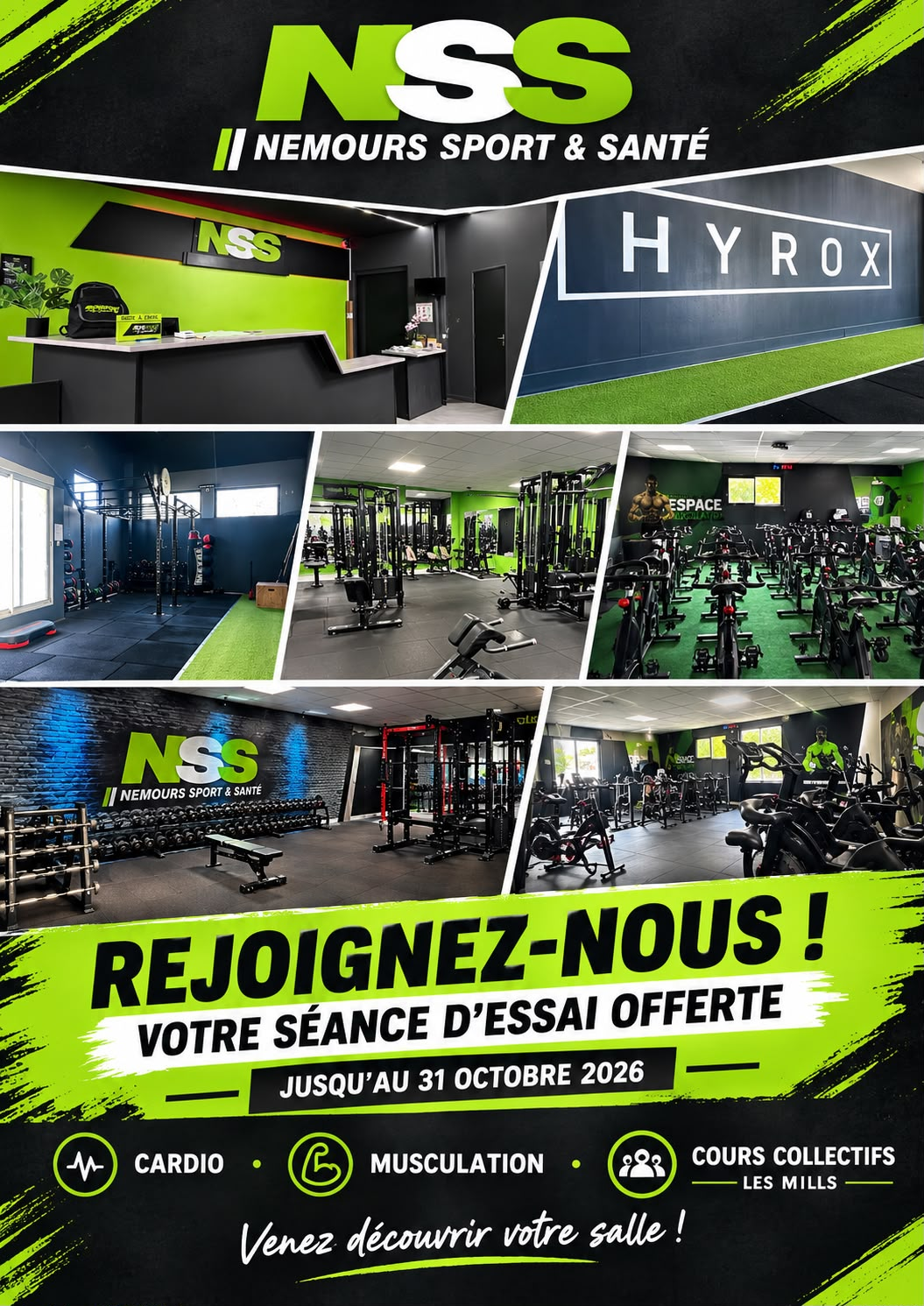 Affiche Nemours Sport et Santé : rejoignez-nous, votre séance d'essai offerte jusqu'au 31 octobre 2026 — cardio, musculation et cours collectifs Les Mills